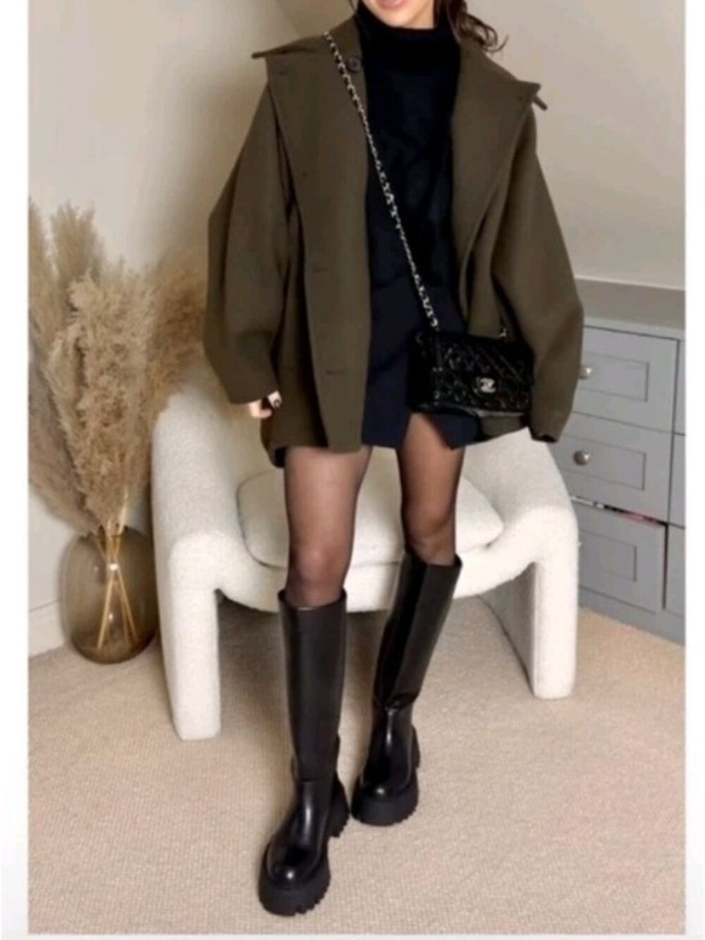 ZARA  Cropped Wool Coat High Neck Olive Green Bloggers Fav XS-S